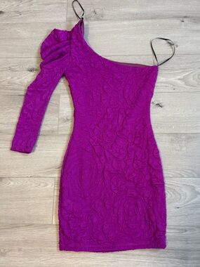 Symphony Bright Vibrant Purple One Puffed Ruffle Sleeve Mini Dress Size Small